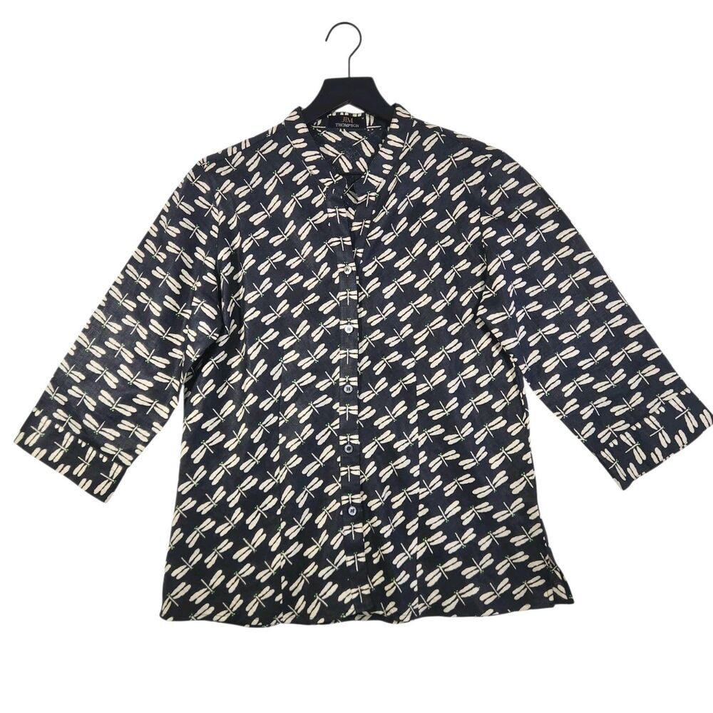 Jim Thompson Womens 100% Linen Button Shirt Sz 12 Dragonflies Print Artsy Thai